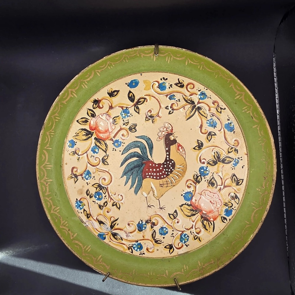 ISCO Hand Painted Rooster Floral Green Decorative Plate Hanger